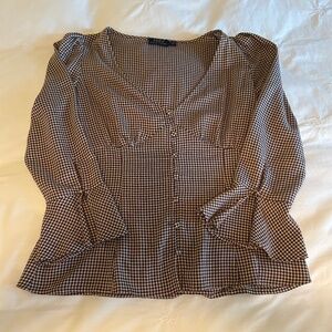 CLASSIC RALPH LAUREN BLOUSE SIZE 6 - Brown/creme/forest green/burgundy red
